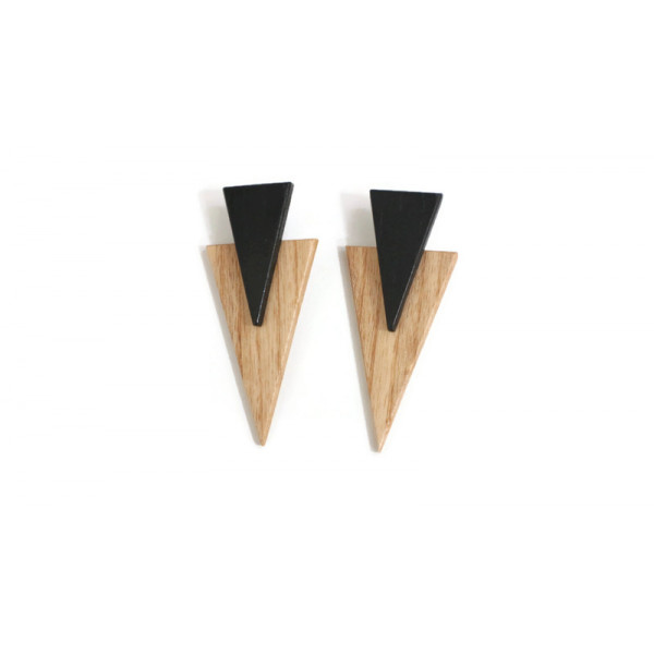 Χειροποίητα σκουλαρίκια ξύλινα διπλό τρίγωνο μαύρο